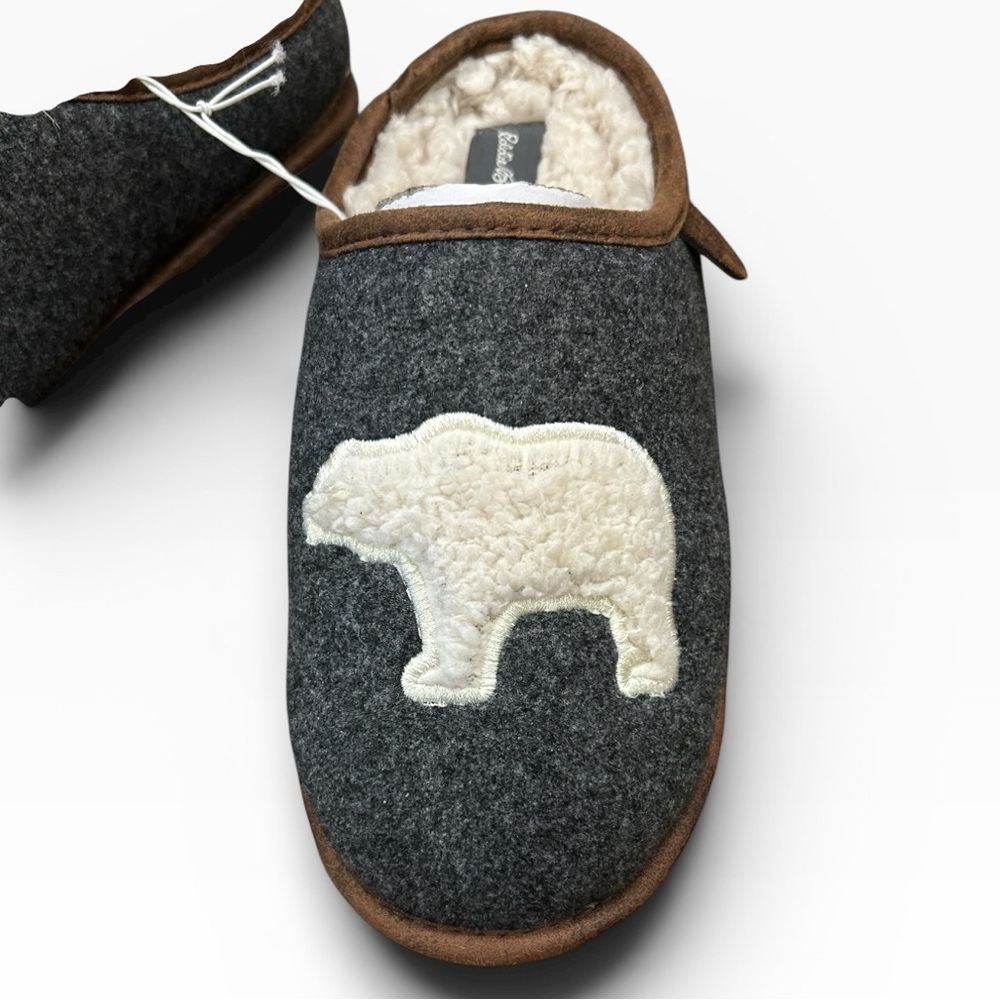 Eddie Bauer Women's Sherpa Lined Clog Slippers Dark Heather Grey Bear Motif - Picture 2 of 14